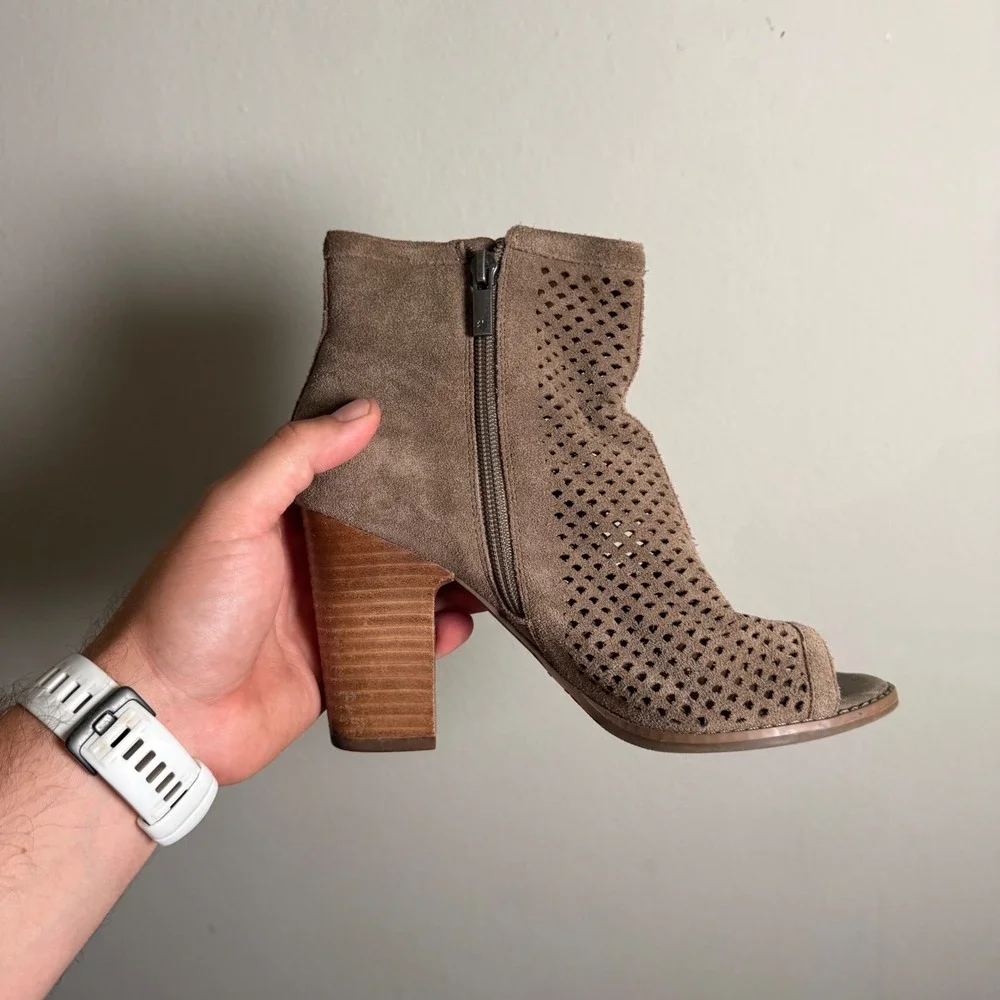 Lucky Brand Women Taupe Suede Perforated Open Toe Block Heel Booties Size 8M/38